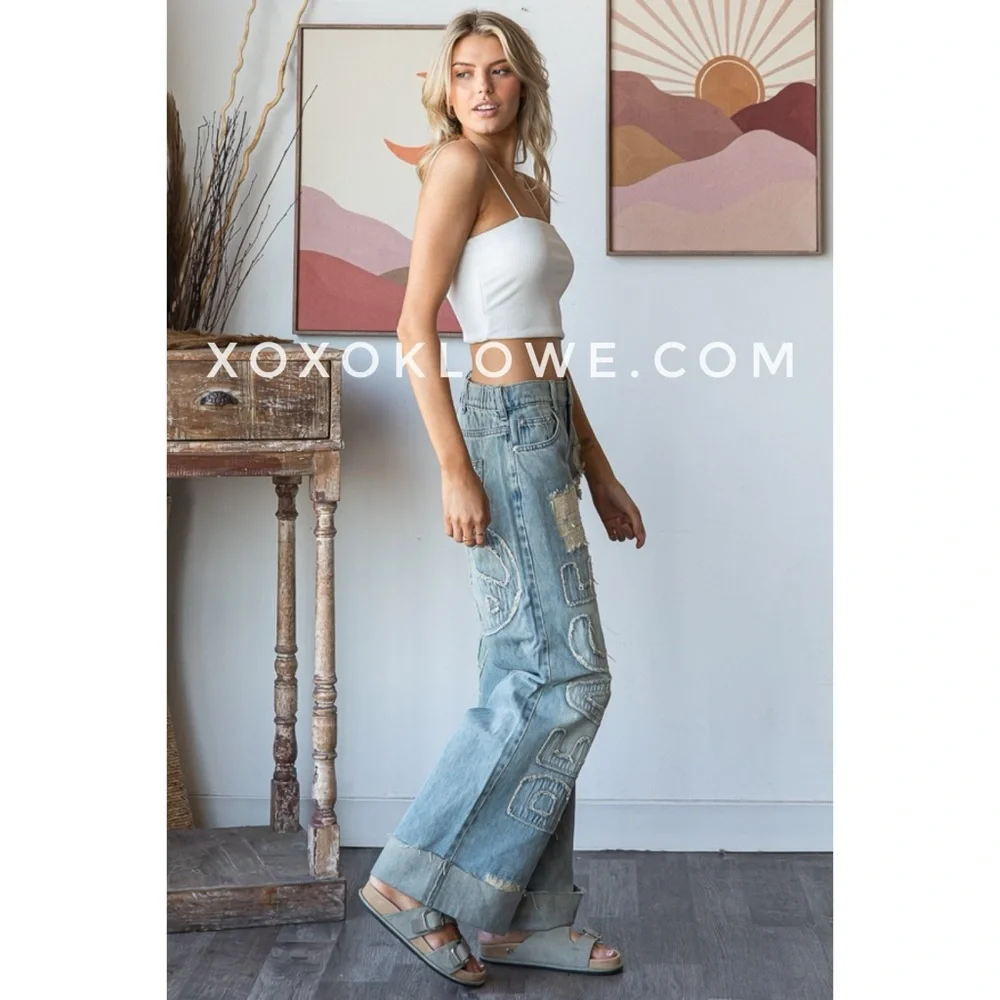 Oli & Hali Peace Patched & Lettered Distressed Y2K Loose Fit Jeans - Picture 8 of 11